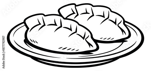 Line art illustration of two dumplings depicting a meal served for restaurant menus