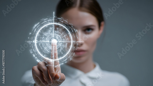 Targeting Technology: A focused individual interacts with a futuristic digital interface, touching the screen to select a target, symbolizing precision, strategy and modern innovation.