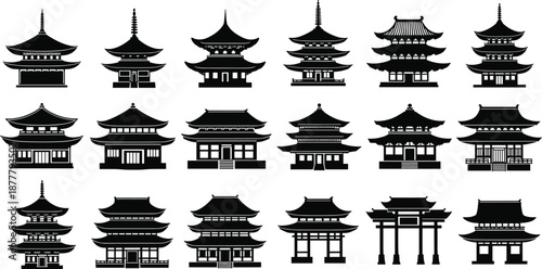 Black Asian pagoda and temple silhouettes collection, traditional architecture vector illustration set for culture, travel, history, branding, isolated on white