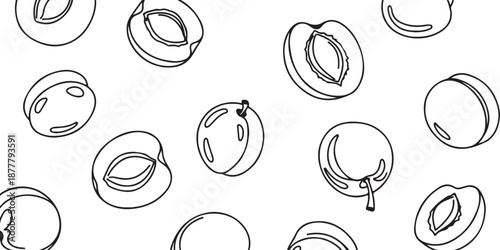 Delicious Juicy Apricot Slices and Whole Fruits Seamless Pattern Black and White Illustration