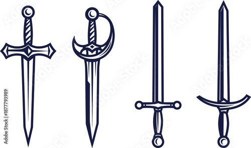 Medieval sword silhouettes vector collection, fantasy dagger and blade illustration set for game design, logo, heraldry, emblem branding, isolated on white