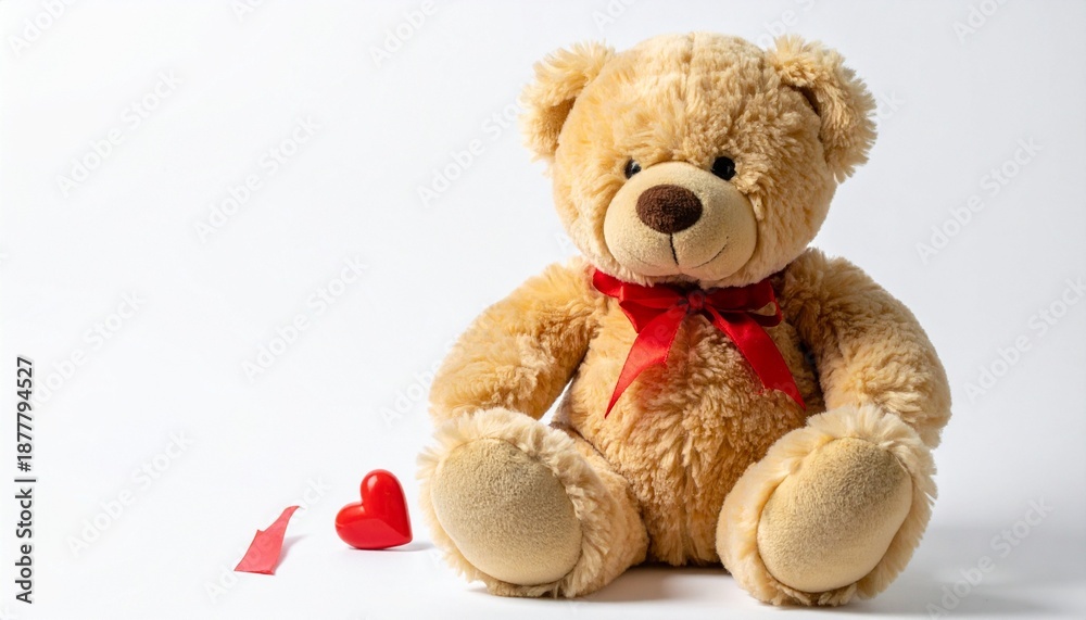Obraz premium Soft Teddy Bear with Red Bow and Heart for Valentine's Day and Romantic Gifting Concept a classic light-brown teddy bear with a red satin bow, sitting next to a small red plush heart