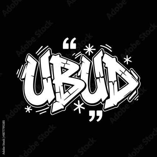 Ubud graffiti art style lettering with decorative elements.