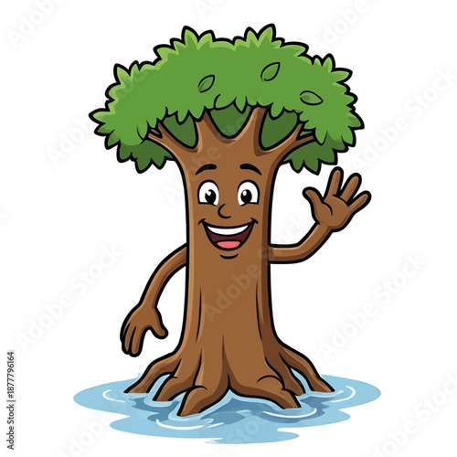 A cartoon tree with a smiling face and waving hand stands in a puddle of water with green leaves
