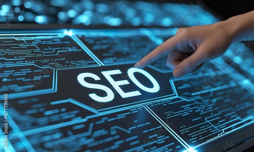Futuristic Digital SEO Interface. Hand Optimizing Search Engine Ranking Strategy for Online Business Growth.