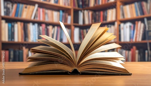 Open Book on Wooden Table with Bookshelves in Background.