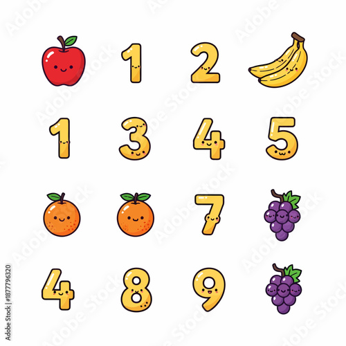 Cute cartoon fruits and numbers illustration for children's education, featuring apples, bananas, oranges, grapes, and digits from one to nine.