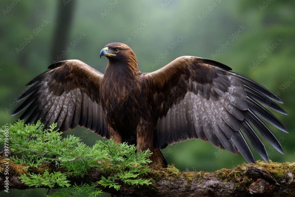 Fototapeta premium Majestic eagle spreading wings in forest setting, powerful wildlife scene with dramatic posture and natural strength 