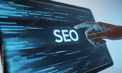 Professional Hand Tapping Glowing SEO Text on Futuristic Digital Screen Interface for Search Engine Optimization Strategy