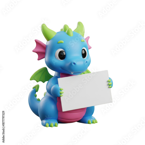 Blue dragon holding sign isolated on transparent background