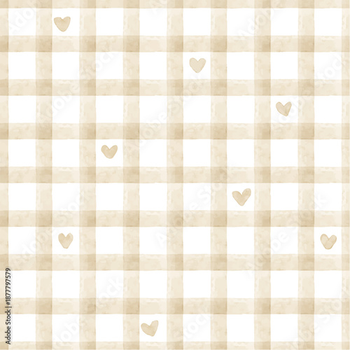 Beige Gingham Checkered Pattern with Hand Drawn Hearts Seamless Watercolor Background