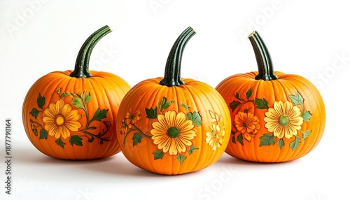 Three pumpkins adorned with floral designs for autumn decor.