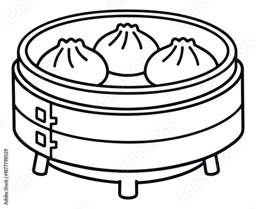 Line art illustration of a bamboo steamer with dim sum depicting traditional asian cuisine for menu design