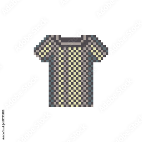 Pixel art chainmail armor shirt with short sleeves. Retro 8 bit game icon for fantasy RPG, representing protective equipment, medieval clothing, or wearable item for inventory, UI, and character gear.