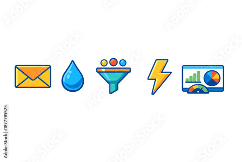 Set of five modern flat icons with glowing effect