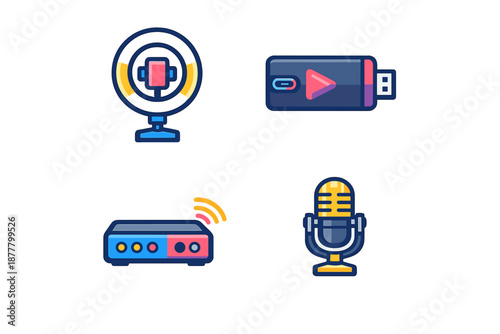 Streaming equipment icons set