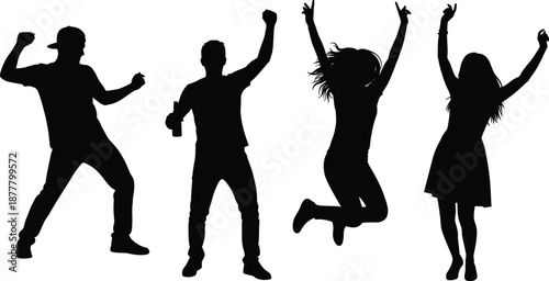 Energetic group of people silhouettes jumping and celebrating joy, dynamic human figures in motion expressing happiness, excitement, freedom, unity together