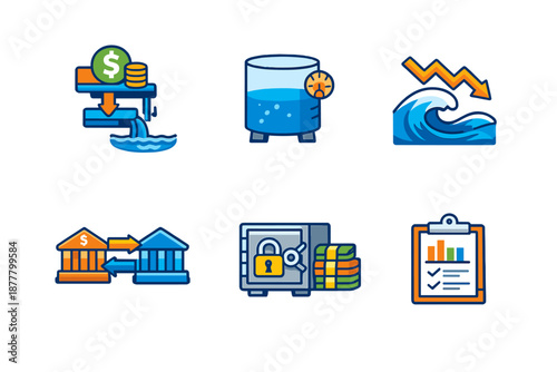 Financial Icons Set: Banking, Saving, Investment, Crisis, Analysis