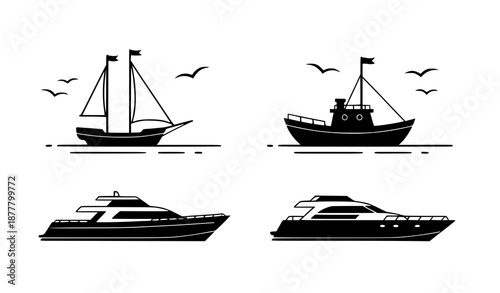 Maritime boat and ship sign icons vector for water transport and sailing tourism concepts