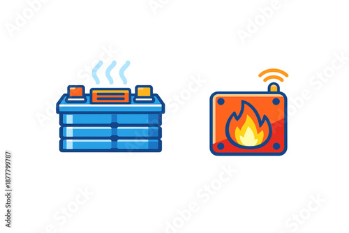 Server rack with steam and fire alarm icon