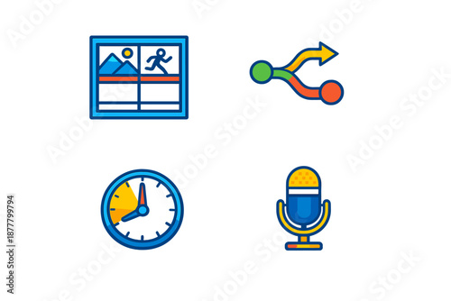 Set of four modern UI icons with blue neon glow