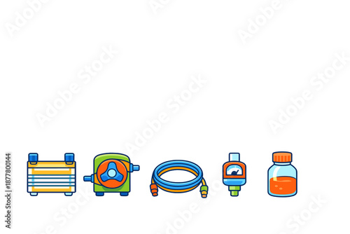 Set of cartoon icons for pressure washer and accessories