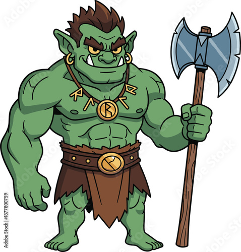 Fantasy green orc warrior character with muscular body, mohawk hairstyle, runic jewelry, loincloth, and double‑bladed axe vector illustration