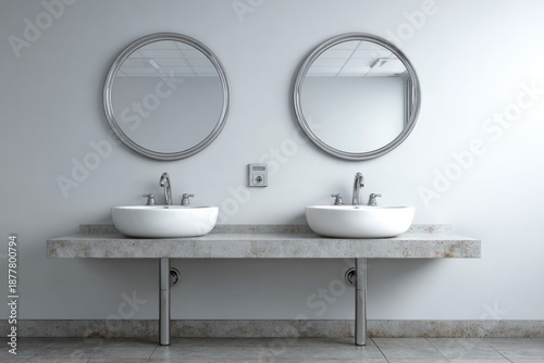 Symmetrical pair of modern vessel sinks mounted on a stone counter in a minimalist restroom setting