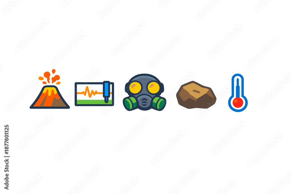 Fototapeta premium Science icons: volcano, seismograph, gas mask, rock, thermometer