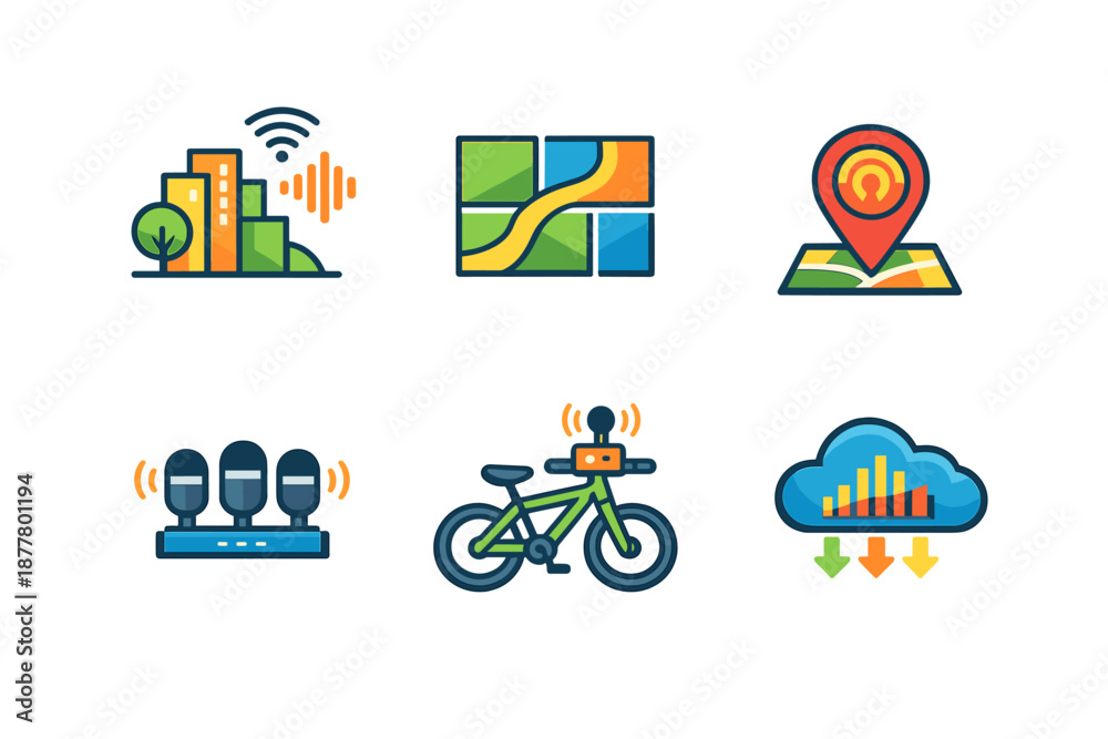 Fototapeta premium Set of 6 technology icons with glowing effects on dark background