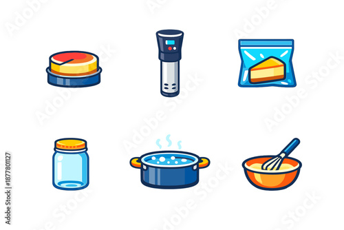 Cooking Icons: Sous Vide, Jar, Pot, Whisk, Timer, and Food Bag