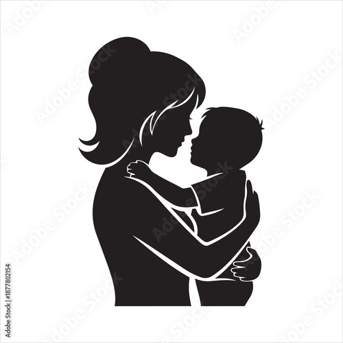 Beautiful mother silhouette embracing small child in tender and loving hug pose