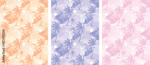 Seamless Pattern set. Tropical Summer Pattern Design. Banana Print. Rio mountain With Sea Seamless pattern Design. Botanical Retro Print design. Shirt print design. summer vibes Palm Tree Pattern.