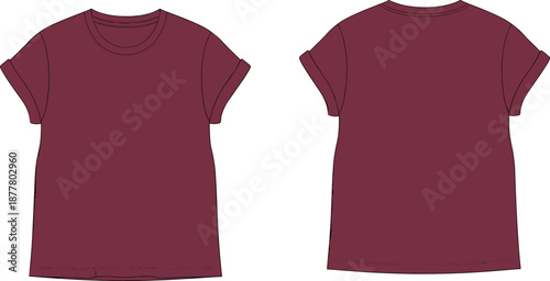 Maroon short sleeve rolled t‑shirt front and back view fashion vector illustration apparel design template clothing mockup casual wear