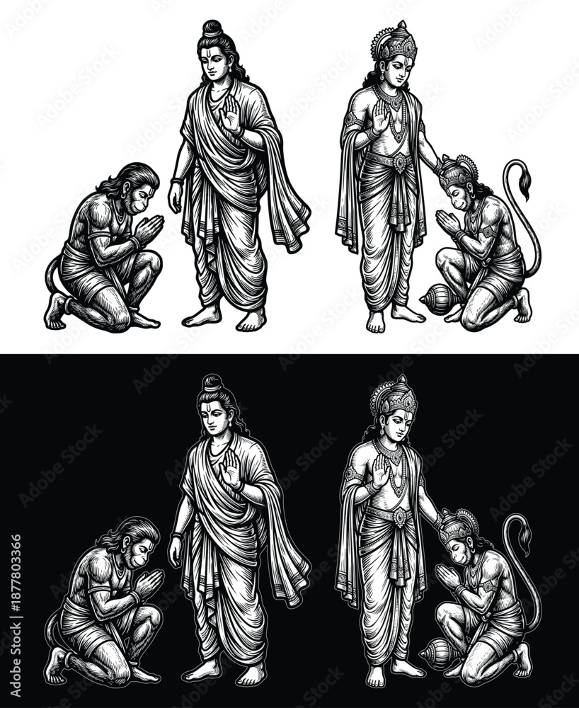 Fototapeta premium Lord Hanuman kneeling in devotion before Lord Rama, depicting the sacred bond of bhakti and loyalty