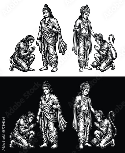 Lord Hanuman kneeling in devotion before Lord Rama, depicting the sacred bond of bhakti and loyalty