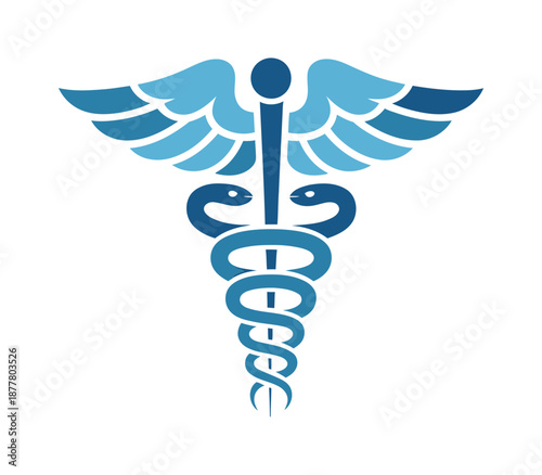 Medical symbol caduceus with wings in blue gradient colors