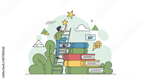 Illustration of a man climbing a ladder to reach a star.