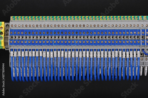 Electrical terminals with connected insulated wires with metal lugs. It is installed on a metal mounting rod in the electrical panel. 