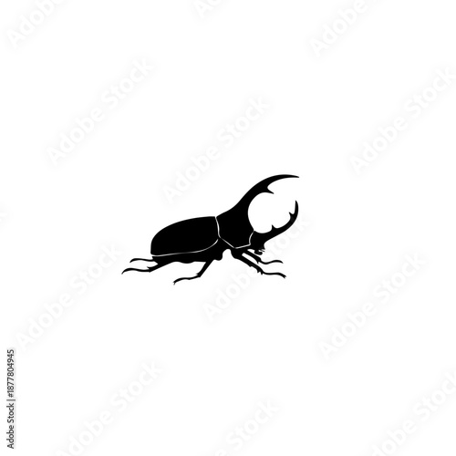 A black silhouette of a rhinoceros beetle with prominent horns is depicted against a white background.