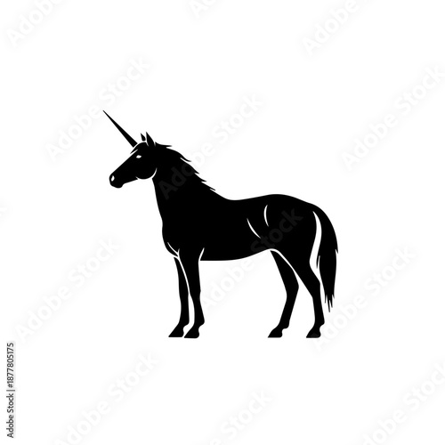 Black unicorn silhouette standing majestically on a plain white background, mythical creature.