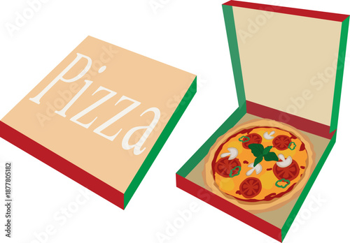 Open and closed pizza delivery box featuring a fresh vegetable pizza. Flat design, ideal for food themes, takeout menus, delivery service apps, and restaurant branding.