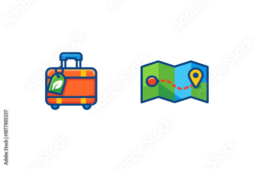 Travel luggage and map icons with a blue glow on dark background