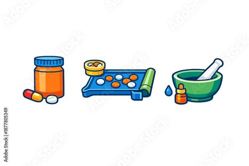 Medicine icons: pills, dropper, and mortar and pestle