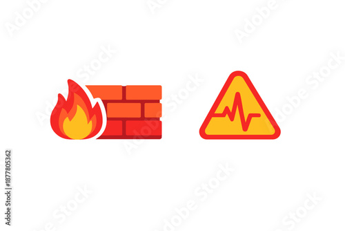 Firewall and network traffic warning icons with neon glow