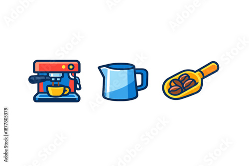 Coffee maker, jug, and scoop of coffee beans