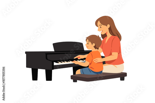Mother and son playing piano together