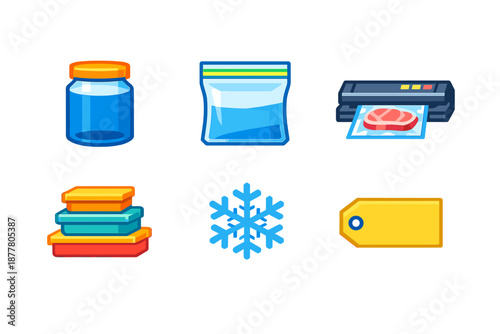 Food preservation icons: jar, bag, sealer, containers, snowflake, tag