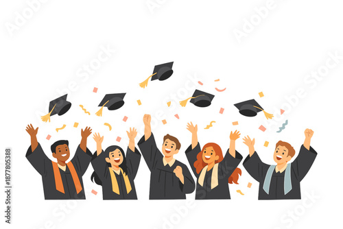 Graduation ceremony with students throwing caps in the air