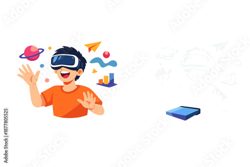 Person experiencing virtual reality with colorful digital elements